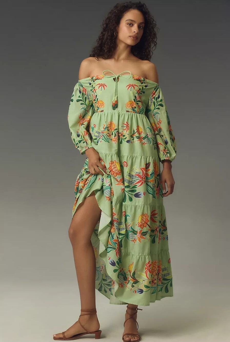 NWT Farm Rio x Anthropologie Off-The-Shoulder Tiered Floral Midi Dress $238 XSP
